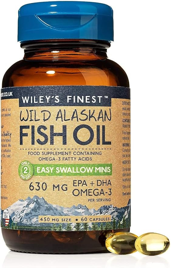 Wiley's Finest Easy Swallow Minis 630mg EPA + DHA Omega-3 Natural Wild Alaskan Fish Oil Food Supplement 60 Capsules