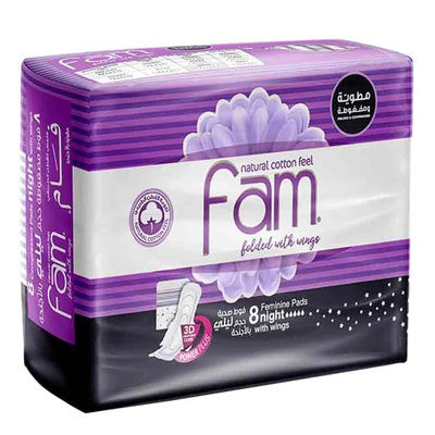 Fam Maxi Thick Natural Cotton Feel Night Sanitary Pads With Wings, Pack of 8 x 12’s