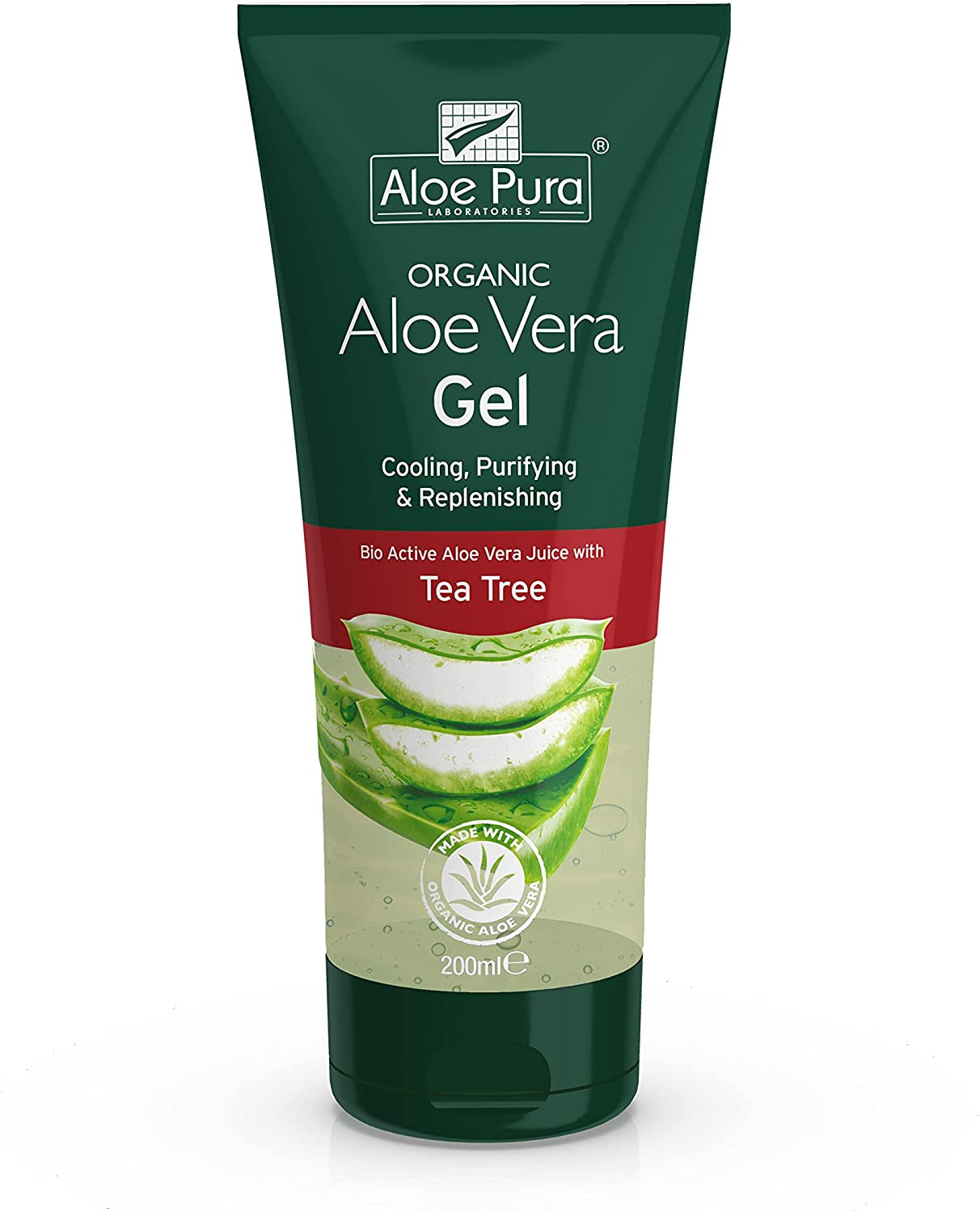 Organic Aloe Vera Gel with Tea Tree , Natural , Vegan, Cruelty Free , Paraben & SLS Free , Cooling , Purifying, 200ml, Aloe Pura