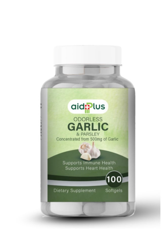 Aidplus Garlic & Parsley - 100 Capsules 500 Mg   | Supports Heart, Immunity, And Natural Detox | Odorless Garlic & Parsley"