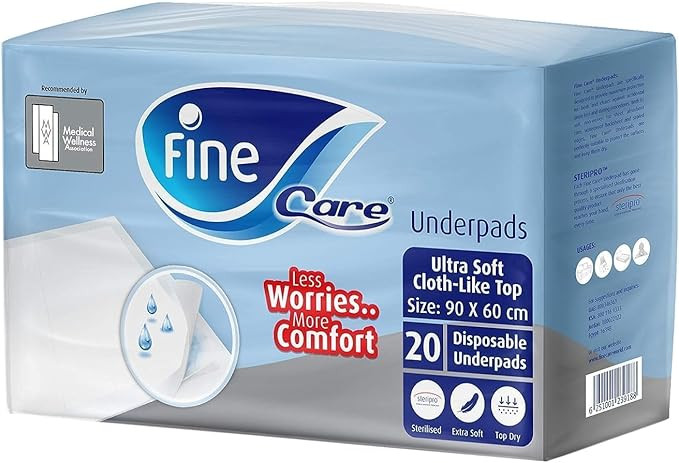 Fine Care Underpads, Disposable And Highly Absorbent, Ultrasoft Cloth-Like Top, Size 60 X 90 cm, Pack Of 20