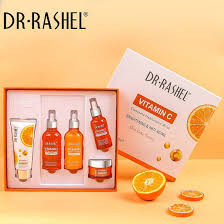 DR. RASHEL 5-Piece Vitamin C Anti Aging And Skin Care Set Orange/White Facial Cleanser 80 g, Cleansing Milk 100 Ml, Essence Toner 100 Ml, Face Serum 50 Ml, 50grams Face Cream