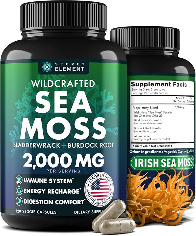 Secret Element Organic Sea Moss Capsules - Burdock Root, Irish Moss and Bladderwrack Capsules for Immune System, Gut, Skin & Energy - 120 Irish SeaMoss Pills with Raw Sea Moss Powder