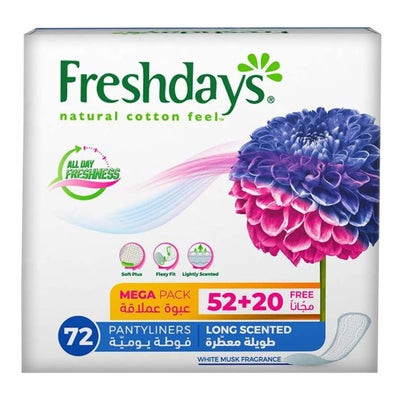 Freshdays Natural Cotton Feel Flexy Fit Odour Control Long Scented Pantyliners, Pack of 72 x 6's