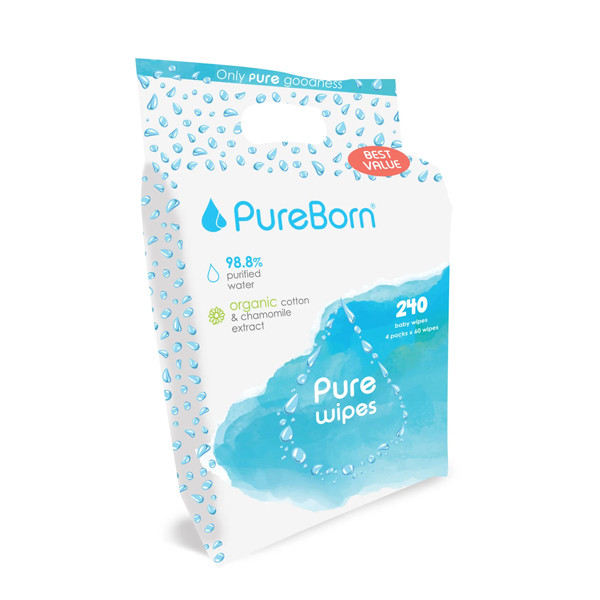 PureBorn Wipes 60 X 4 Pack (Organic Cotton & Chamomile Extract)