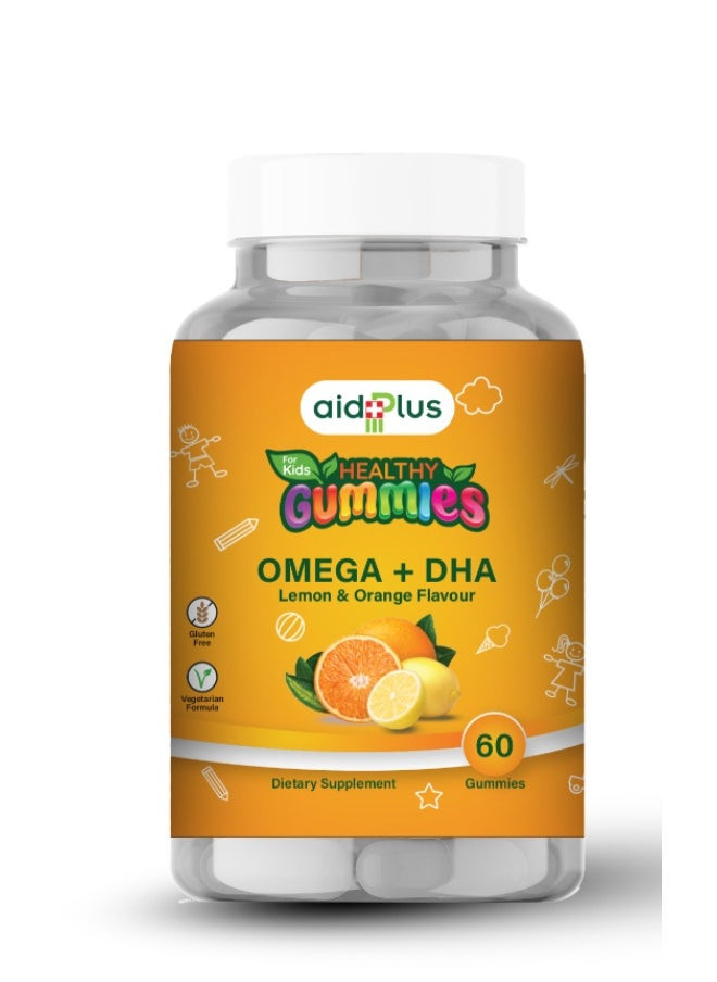 Aidplus Omega+Dha -Dietary Supplement, Supports Brain, Vision & Heart Health, Gluten-Free, Lemon & Orange Flavored 60 Gummies for Kids